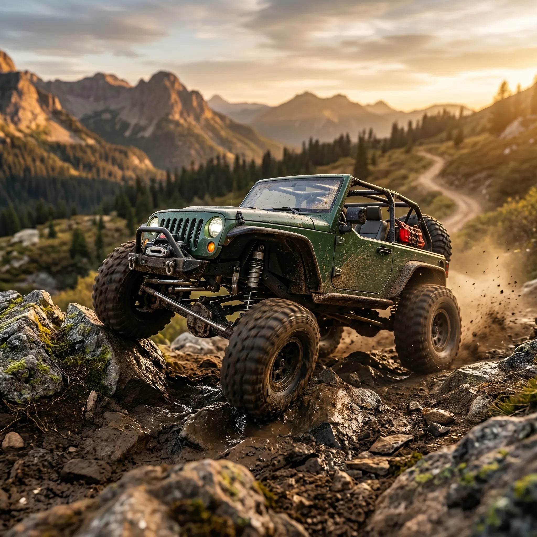 Green off-road RC vehicle driving on a rocky trail with mountains in the background