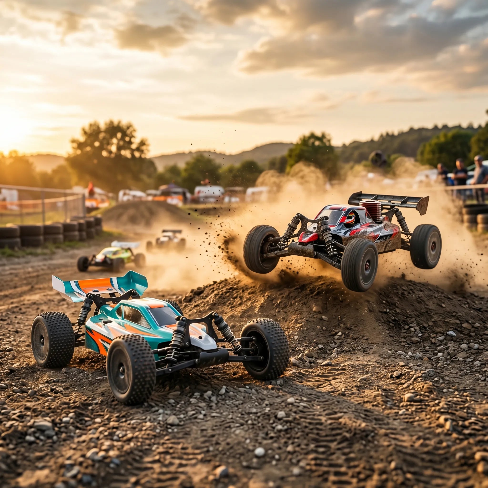 Two remote-controlled buggies racing on a dirt track with a sunset in the background.