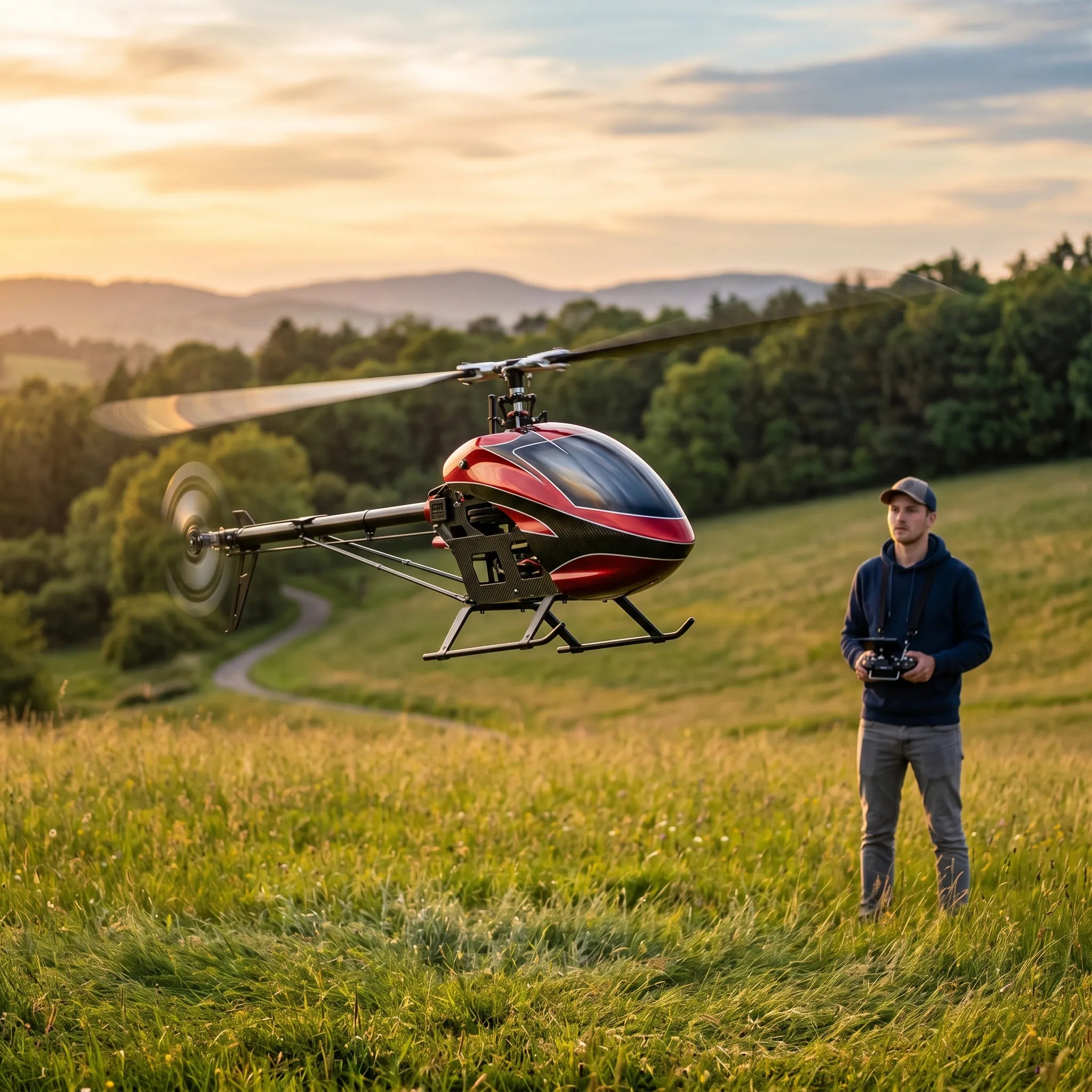 Man flying a red helicopter in a grassy field with a scenic background