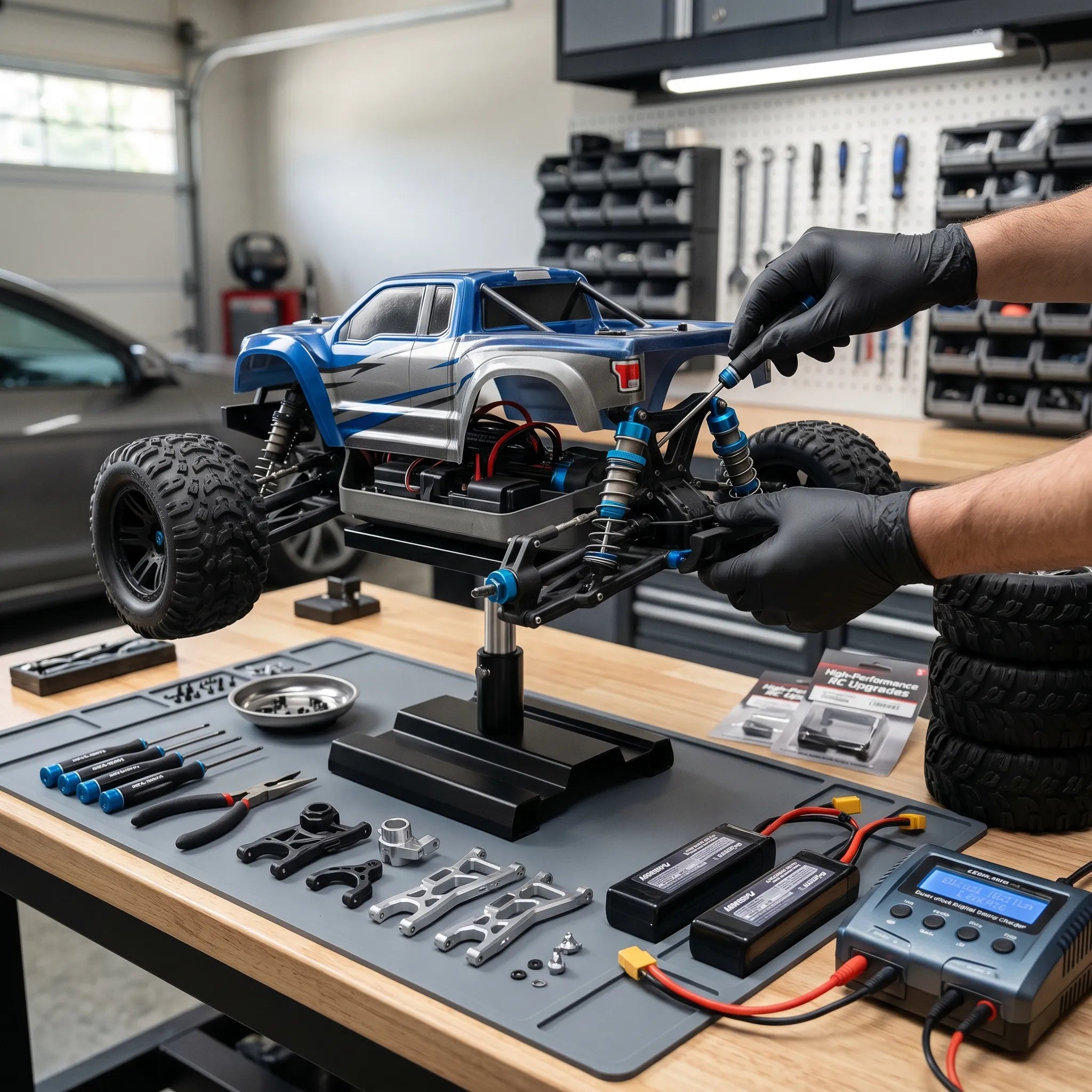 Person working on a remote-controlled car in a workshop setting