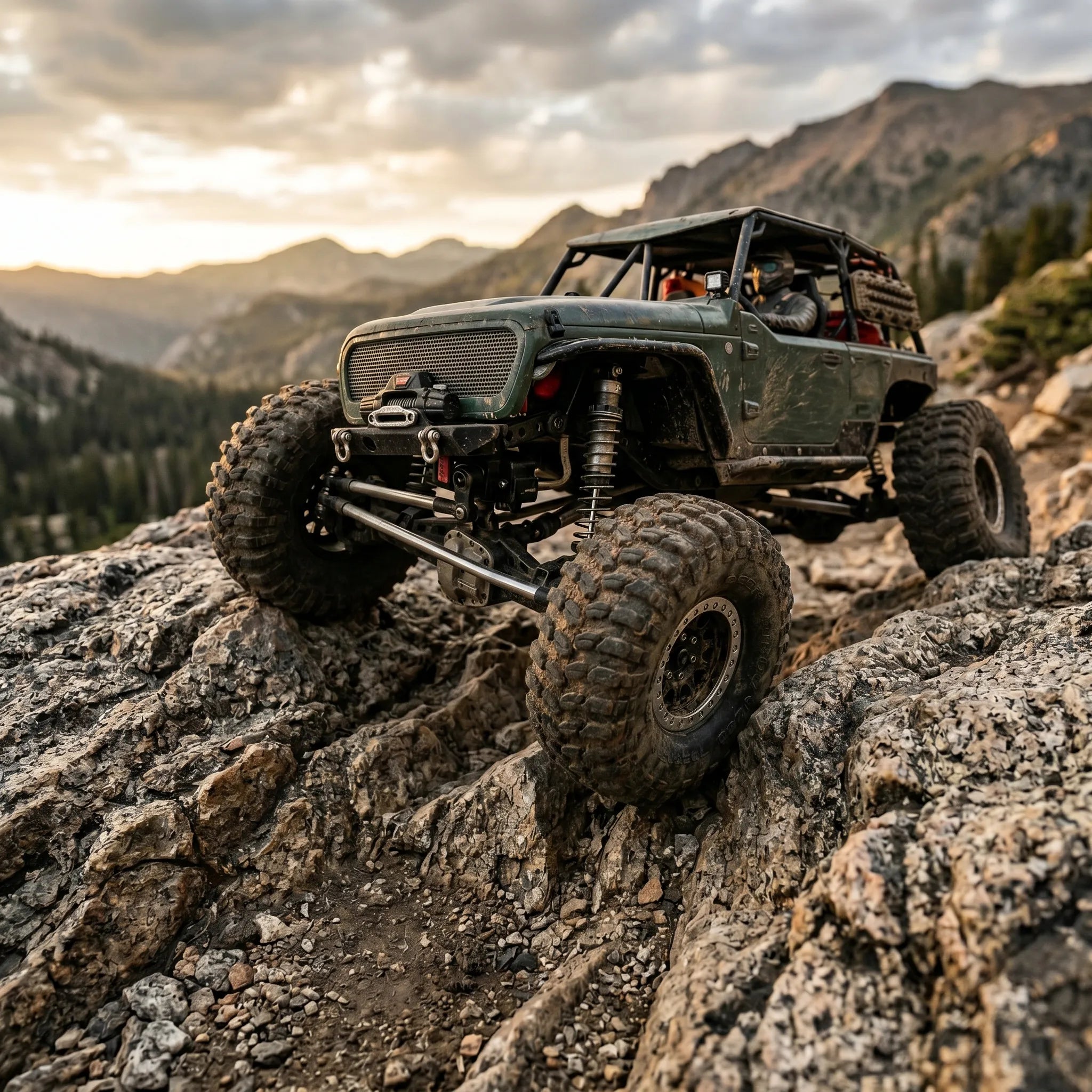 Off-road RC vehicle on rocky terrain with mountains in the background