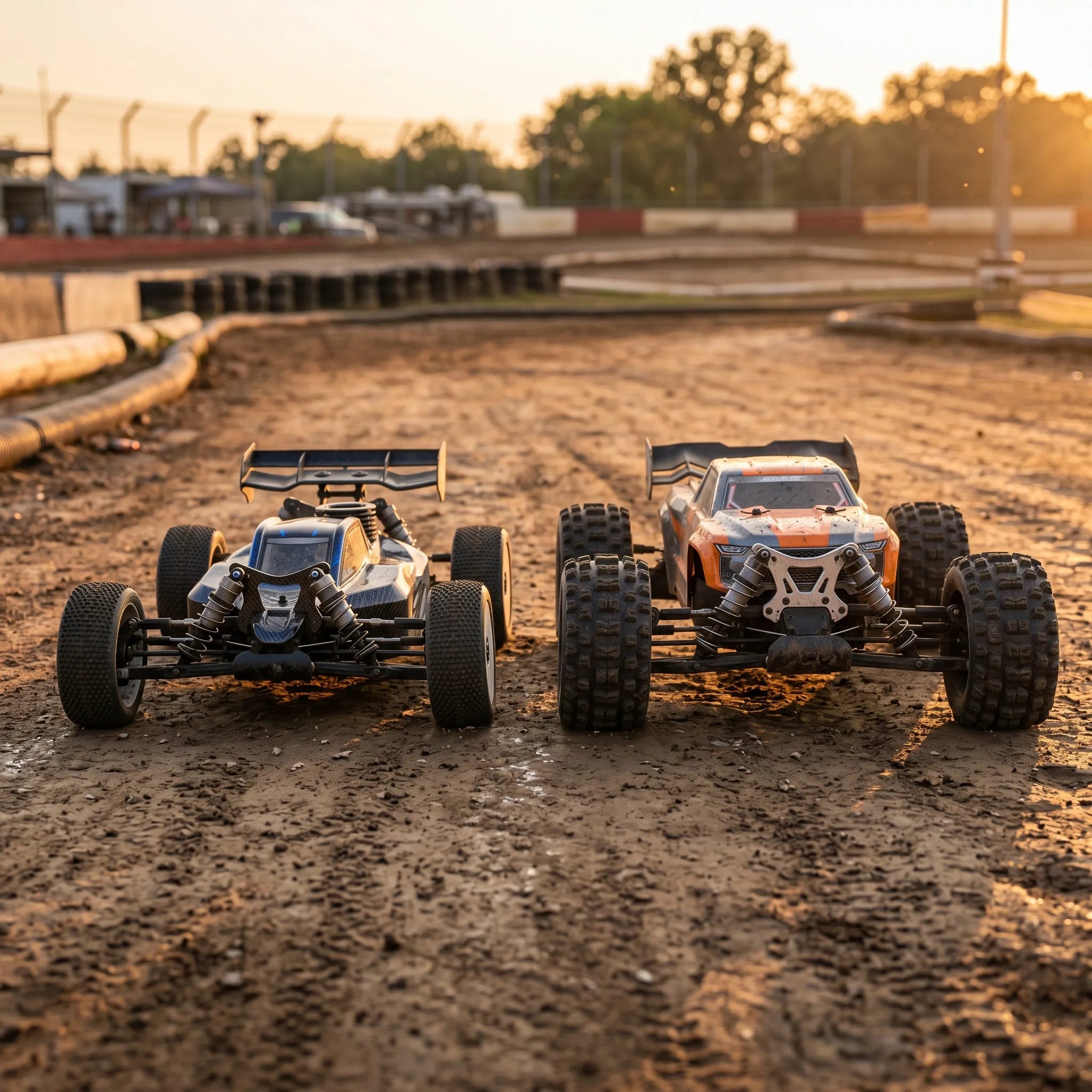 RC buggy and RC truggy standing side by side in rough terrain.