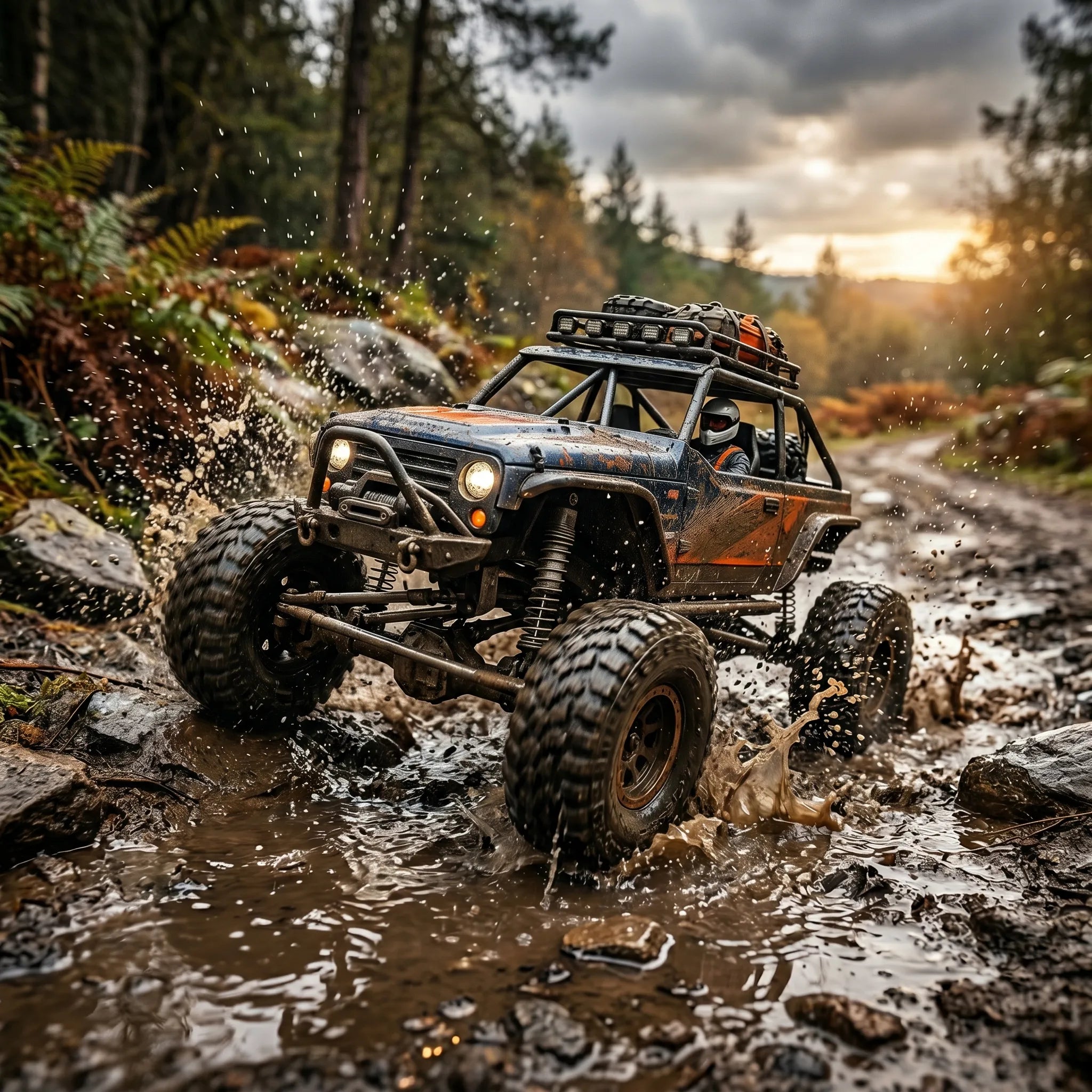 Off-road vehicle navigating a muddy trail in a forest with a sunset in the background