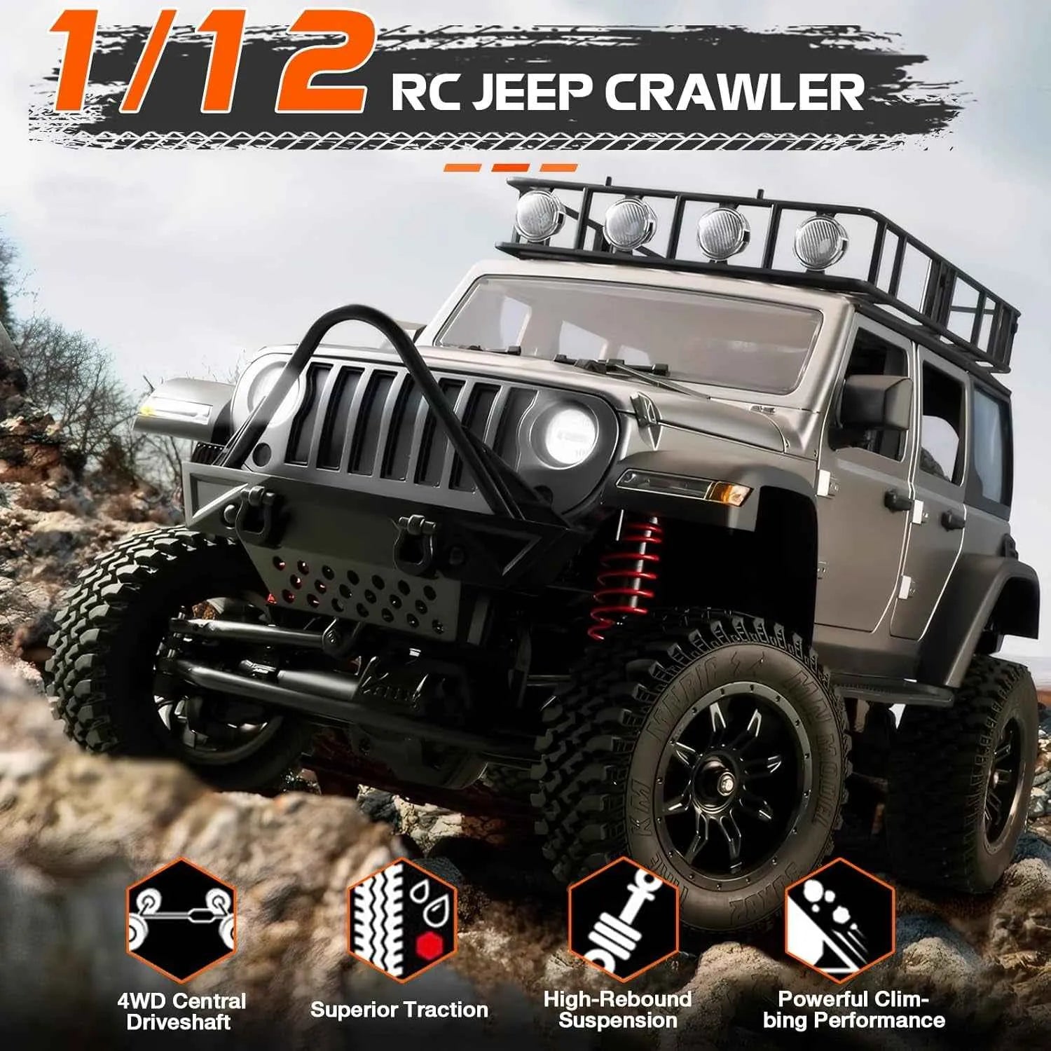 1/12 RC Jeep Crawler on rocky terrain with product features displayed.
