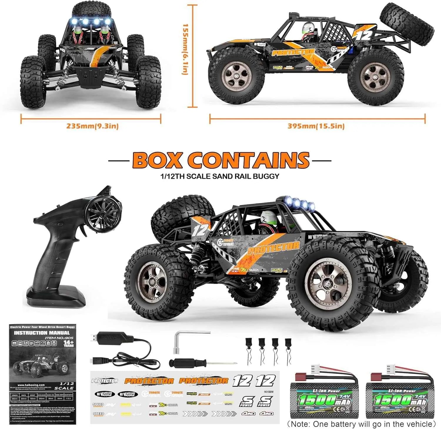 1/12th scale sand rail monster truck with remote control, batteries, and accessories on a white background.
