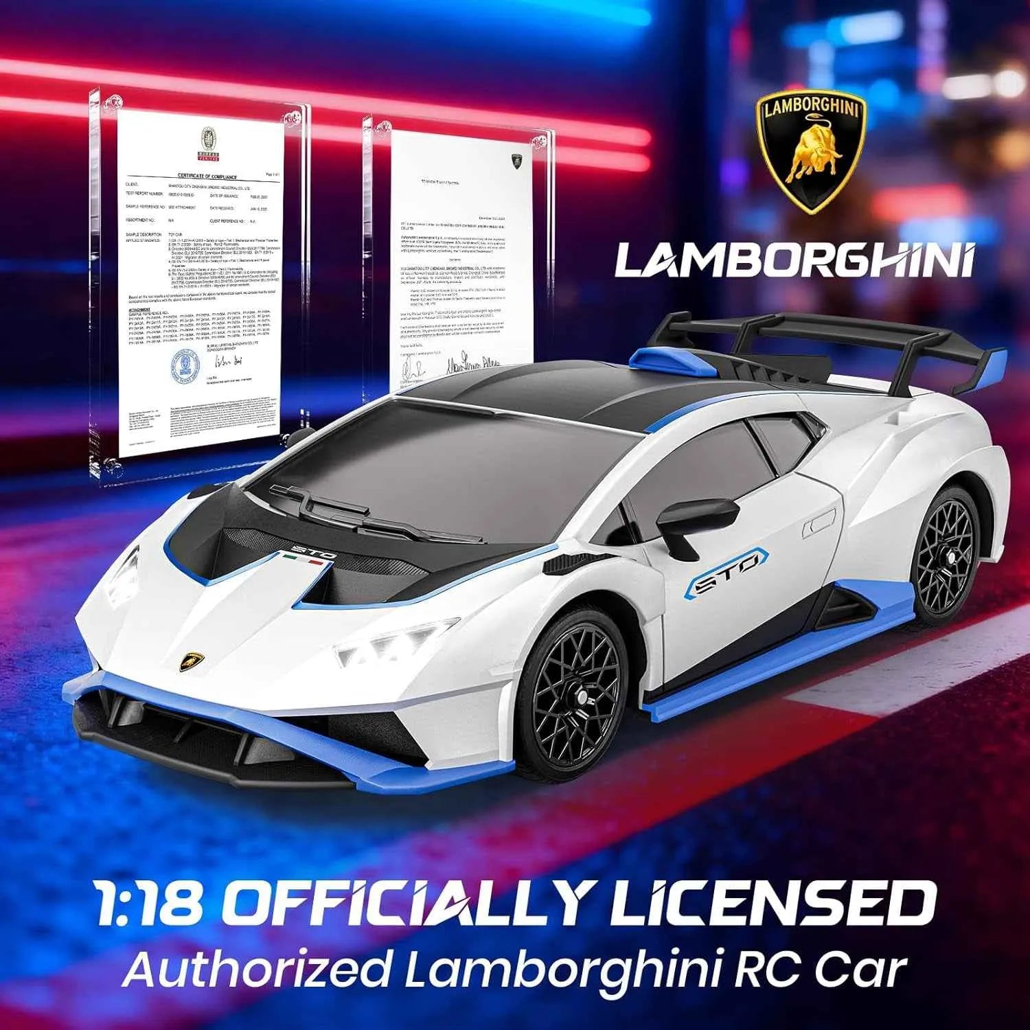 1:18 Lamborghini RC sports car with Lamborghini logo and documents in the background.