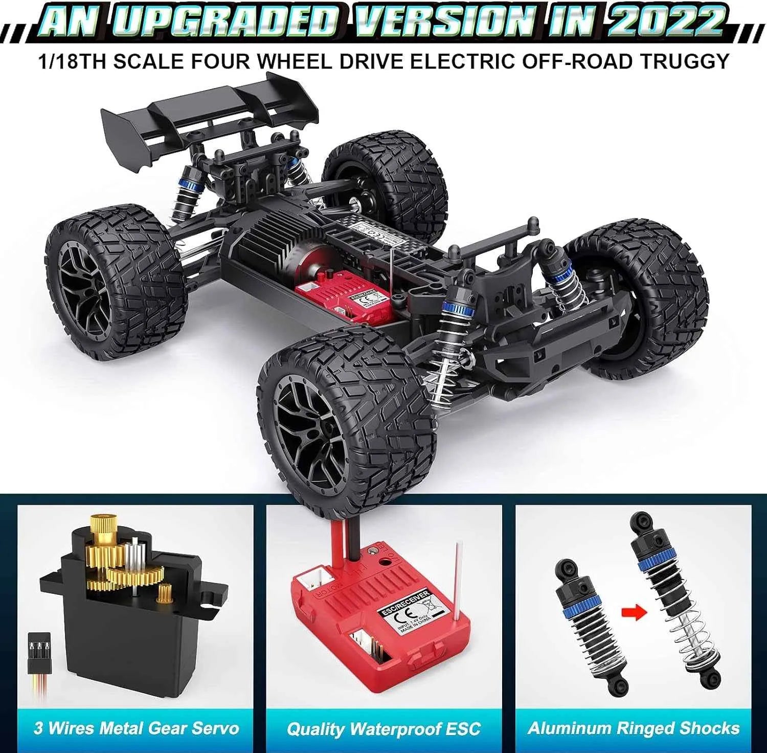 1/18th scale four-wheel drive electric off-road truggy with components on a white background