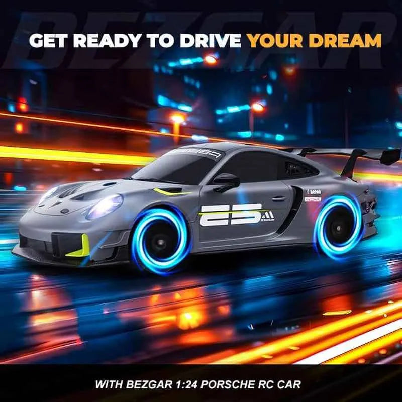 Bezgar 1:24 Porsche RC car on a neon-lit track with text 'Get ready to drive your dream'.