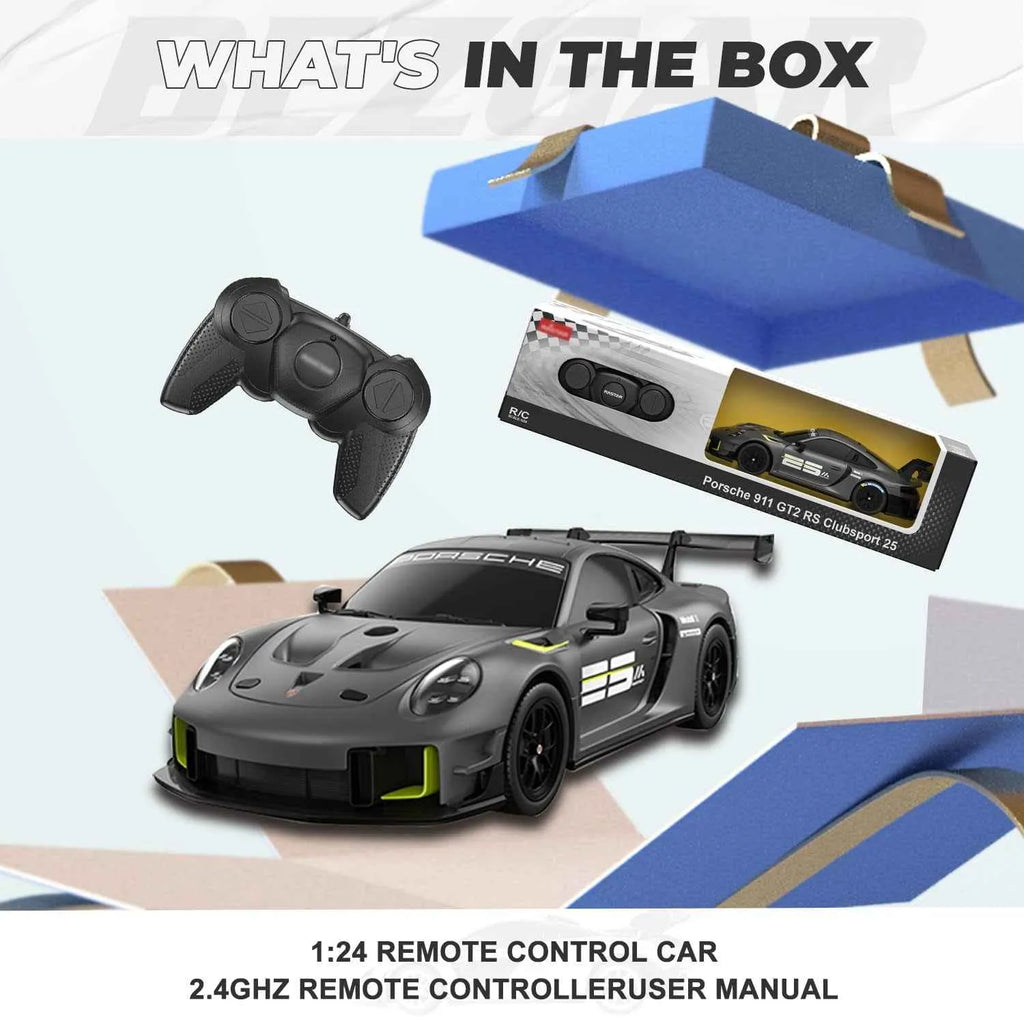 1:24 remote control car with packaging and accessories on a white background