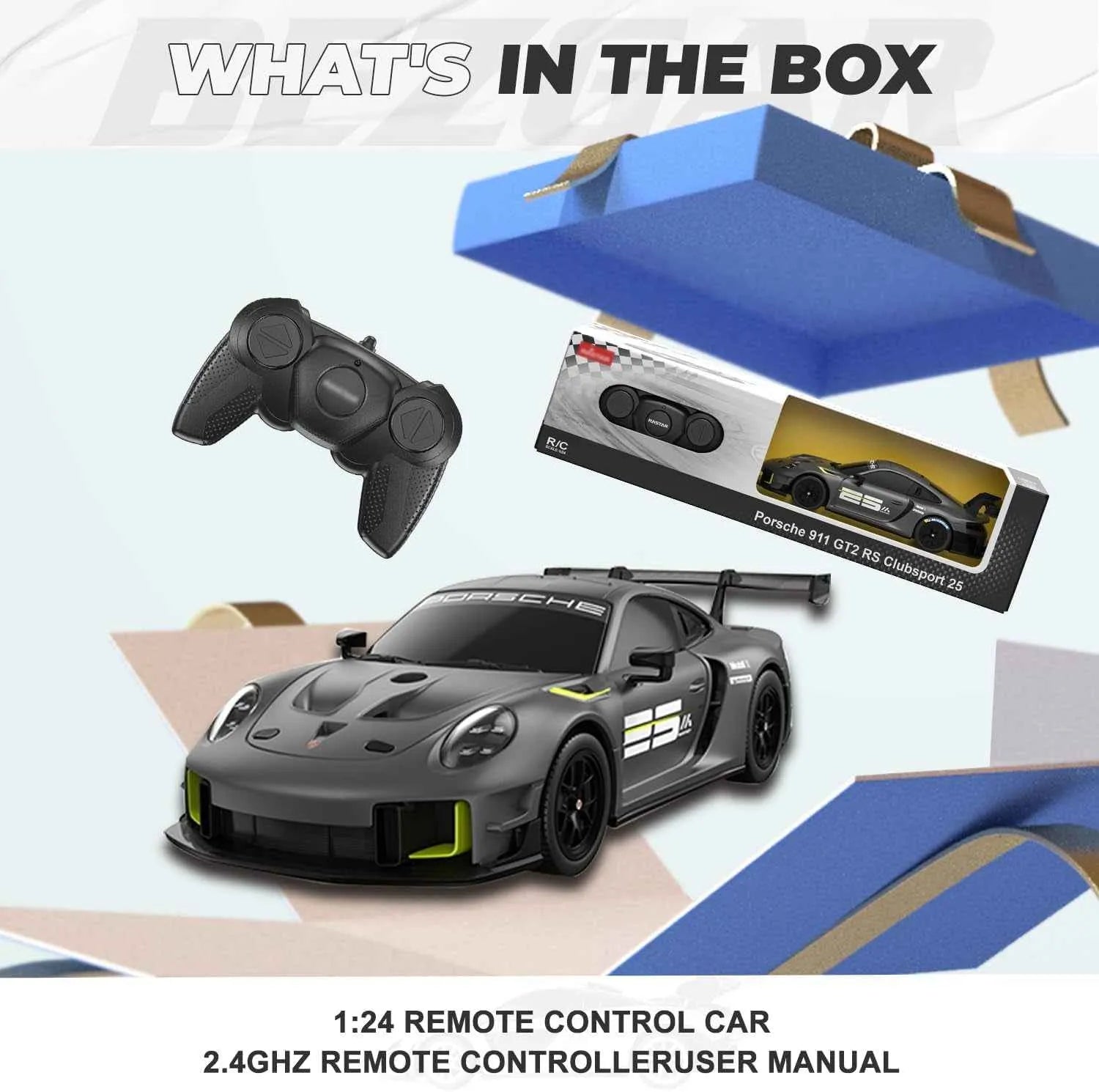 1:24 remote control car with packaging and accessories on a white background