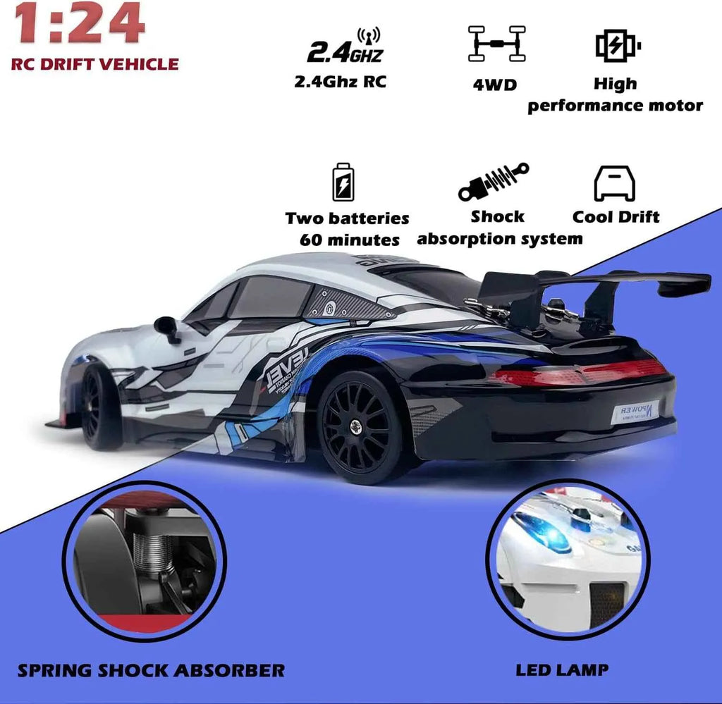 1:24 scale RC drift vehicle with features listed on a blue and white background
