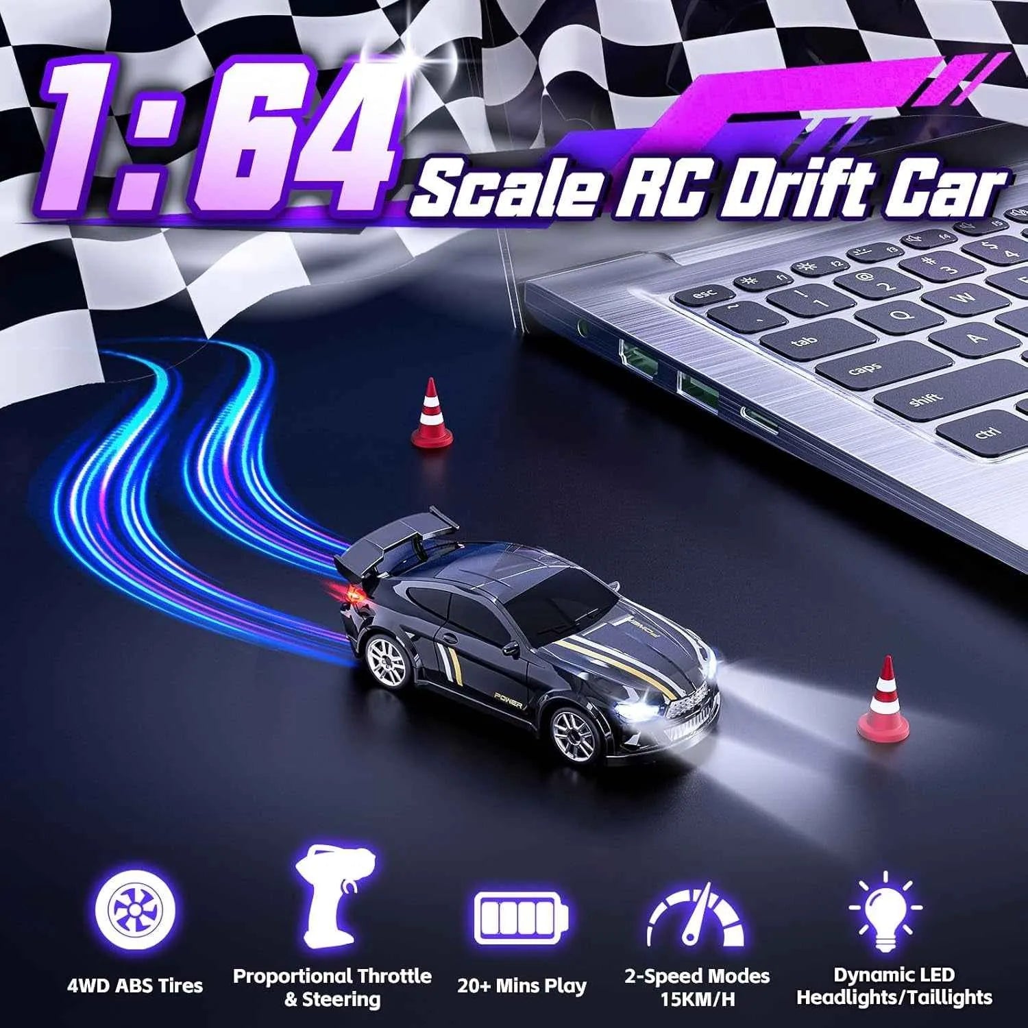 1:64 scale RC drift car with laptop, checkered flag, and cones on a dark surface.