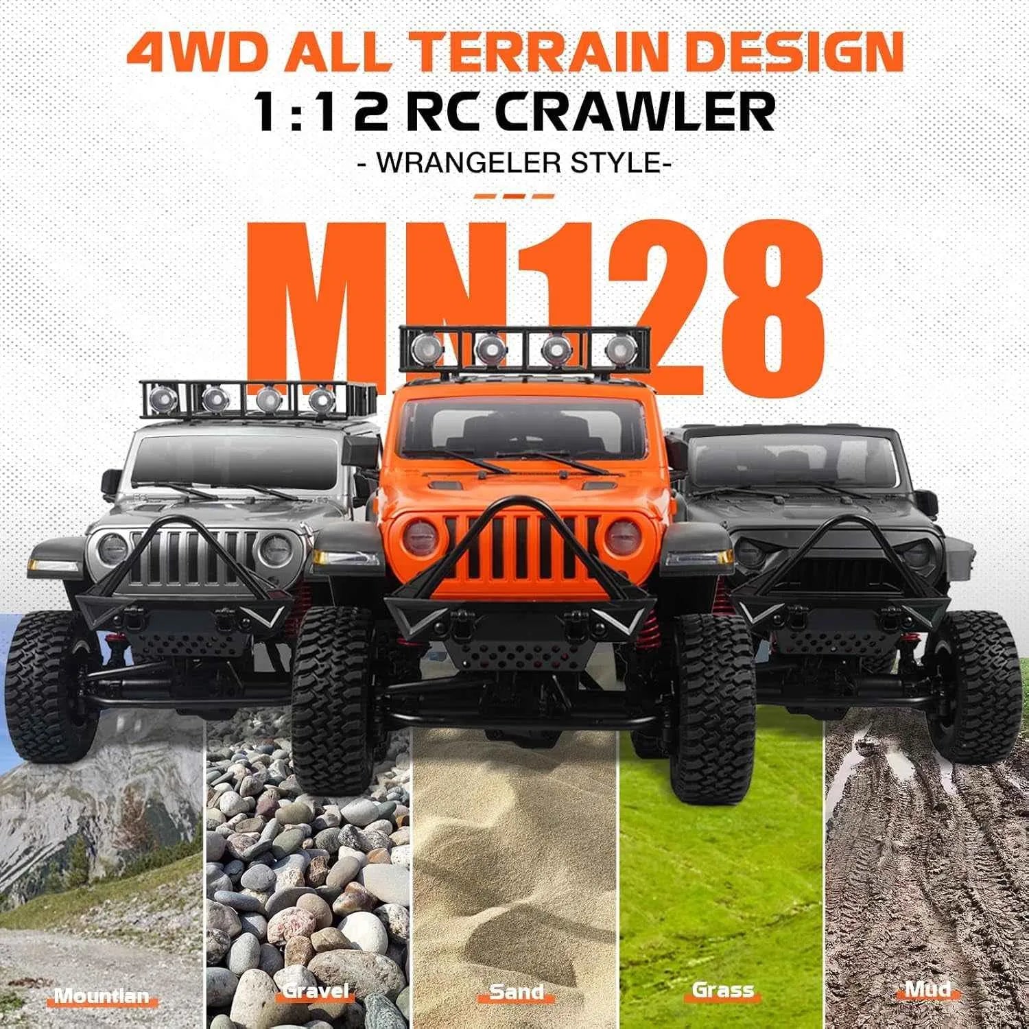 3D-rendered model of a 1:12 RC crawler with '4WD All Terrain Design' text on a white background.