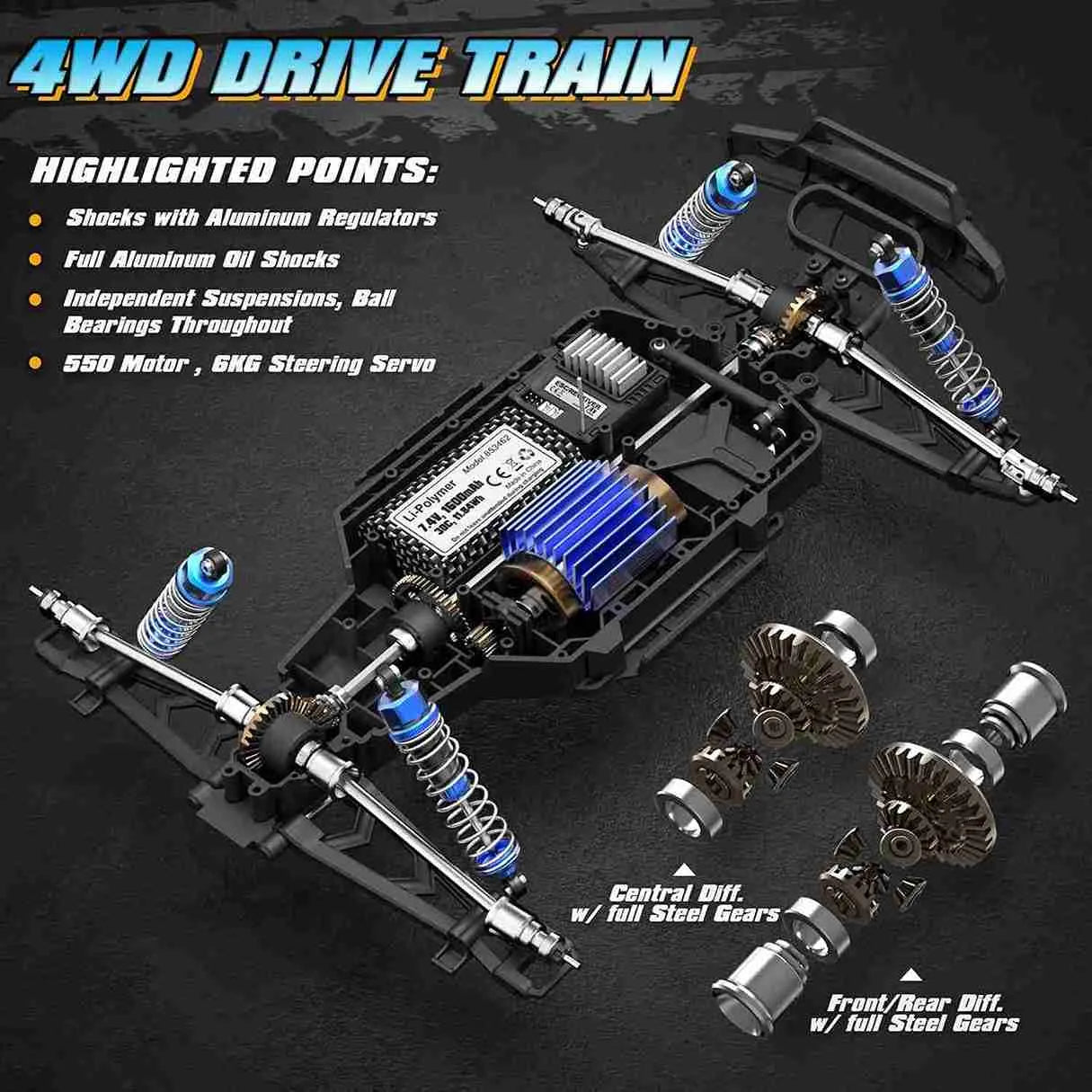4WD drive train system with highlighted features on a dark background
