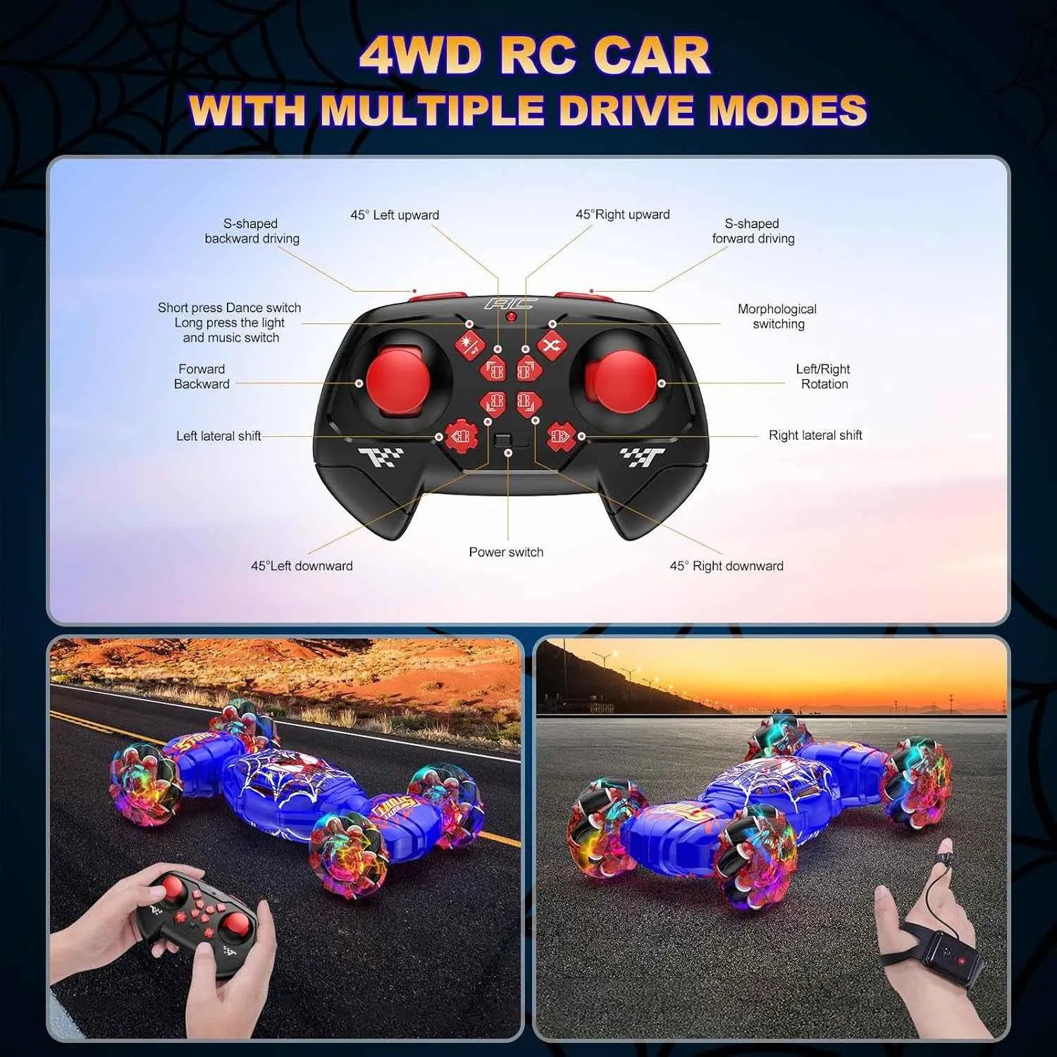 4WD RC stunt car blue with multiple drive modes and controller on a dark background