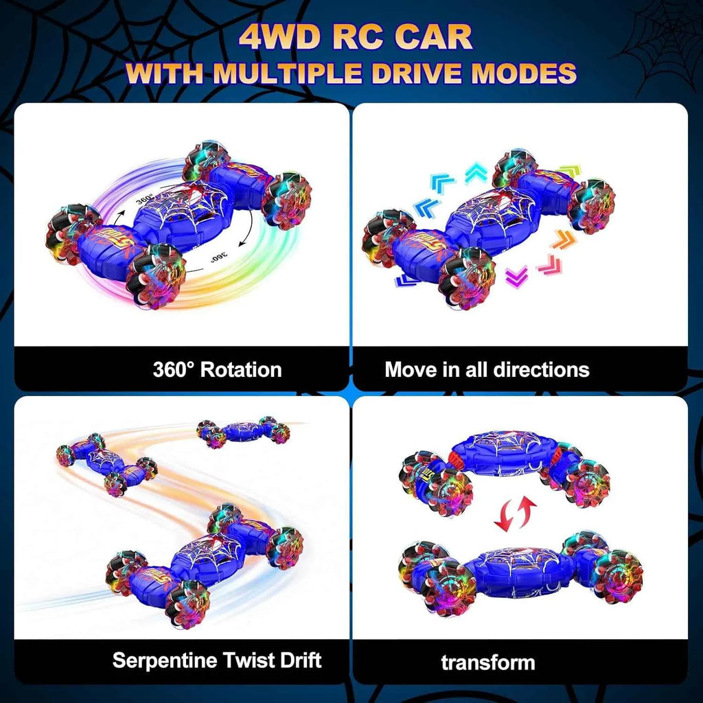 4WD RC stunt car with multiple drive modes on a dark background
