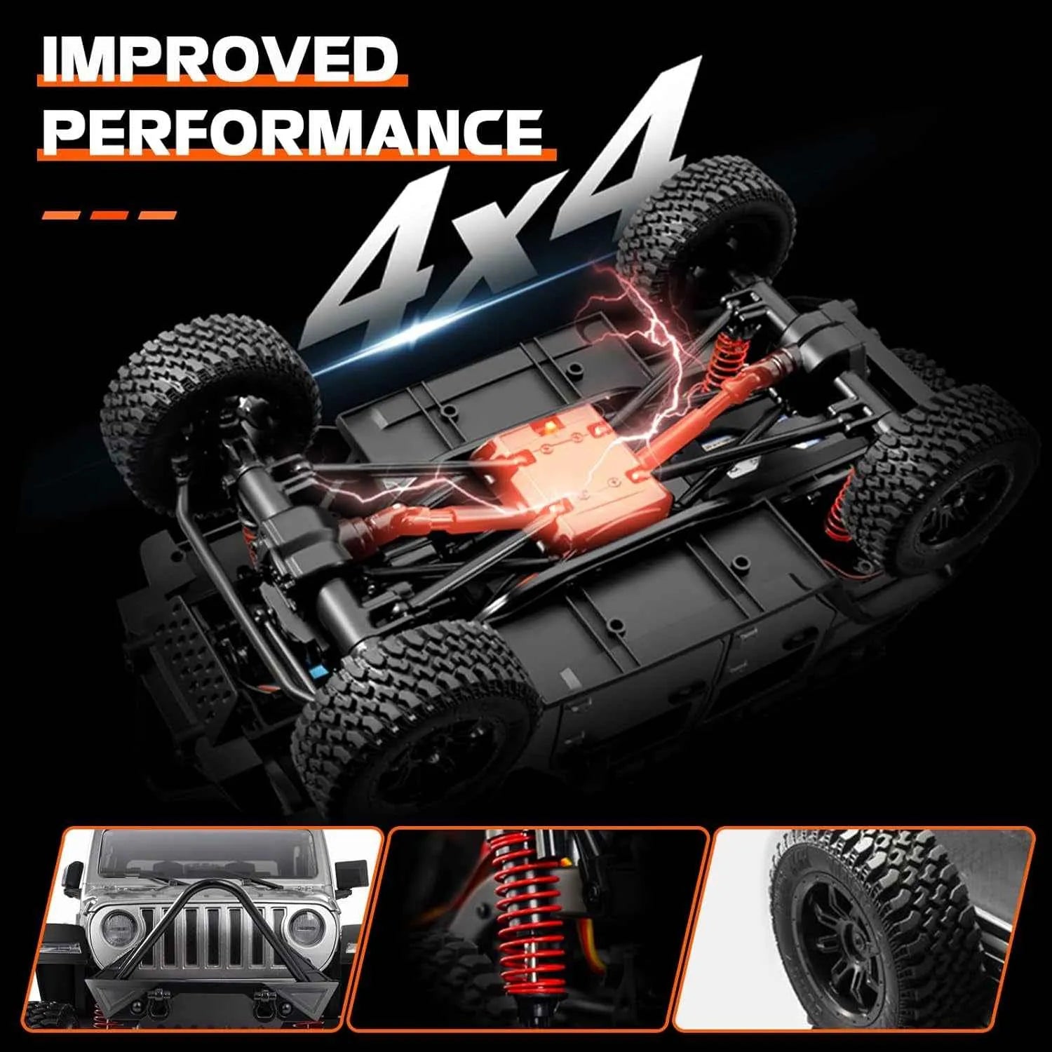 4x4 RC crawler vehicle chassis with improved performance text and close-up details on a dark background