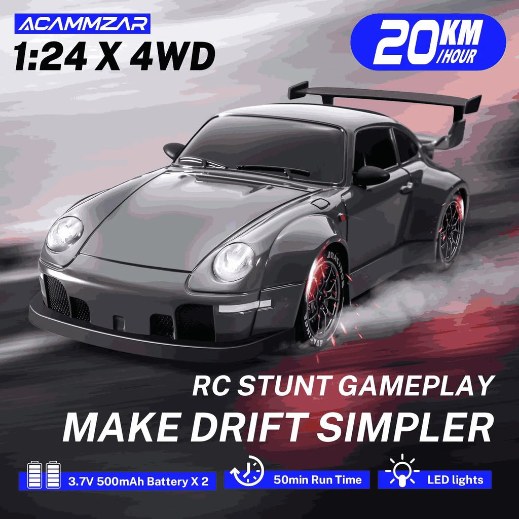 Black RC car with features highlighted on a dynamic background