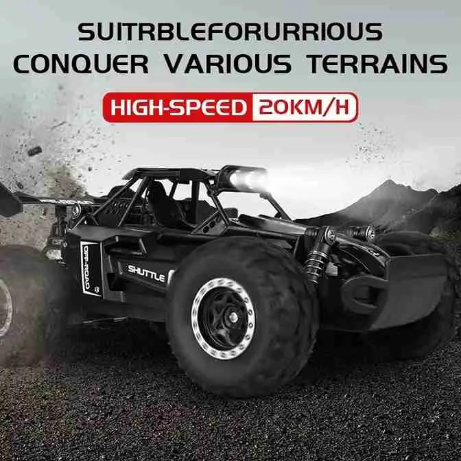 Black off-road rc car on a textured surface with text about speed and terrain suitability.