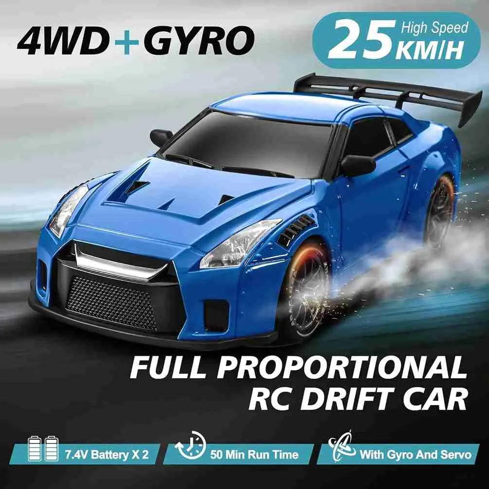 Blue RC drift car with 4WD and gyro features on a blurred background