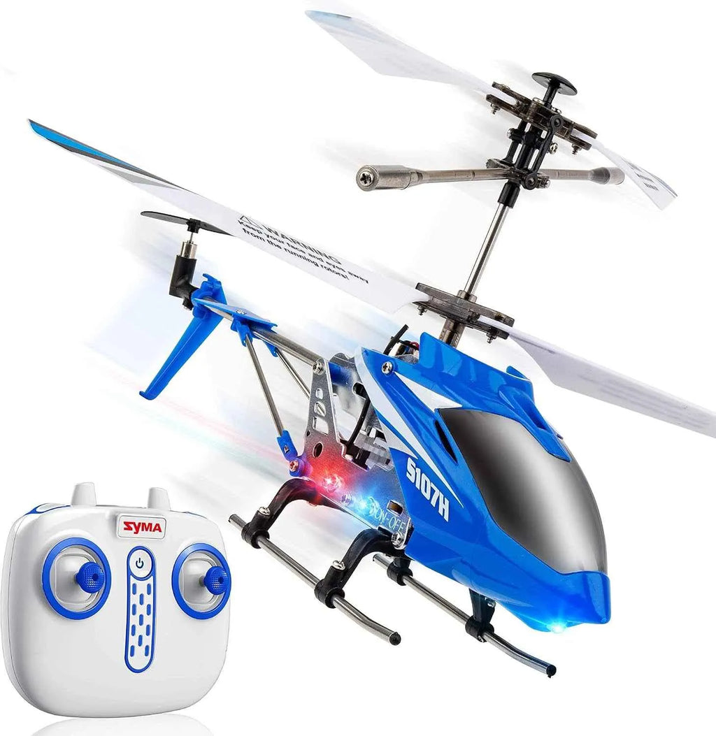Blue and silver remote control helicopter with SYMA logo on a white background