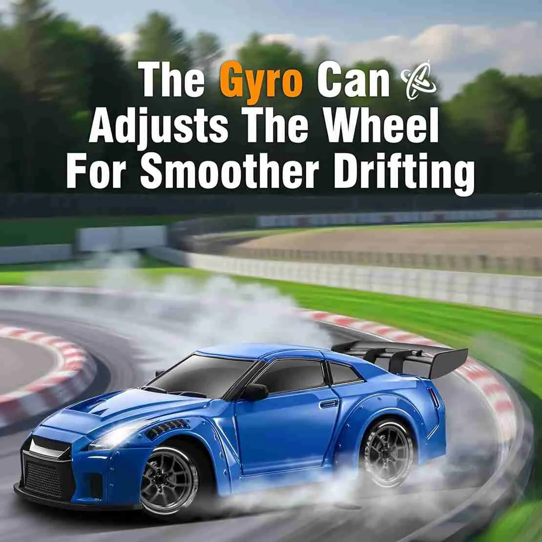 Blue car drifting on a race track with text about gyro adjustments for smoother drifting.