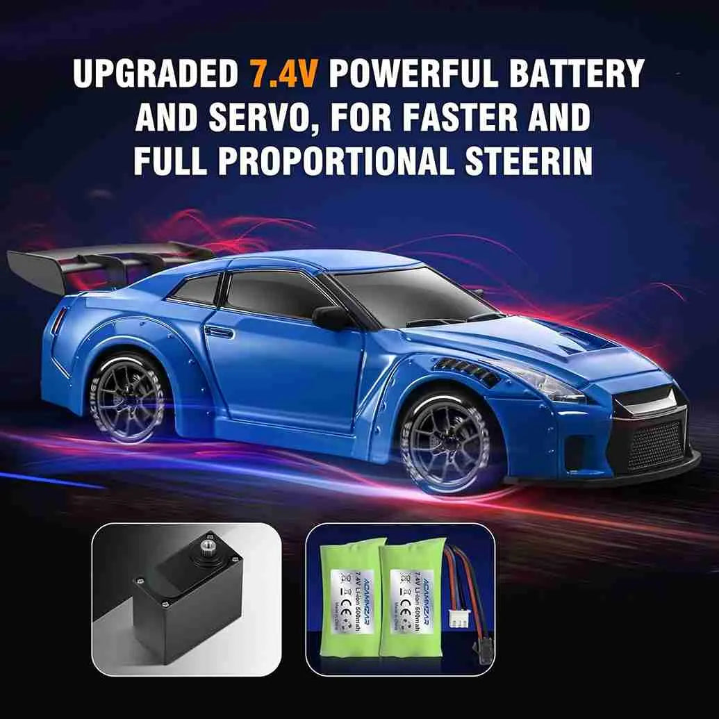 Blue drift car with text about upgraded battery and servo on a dark background