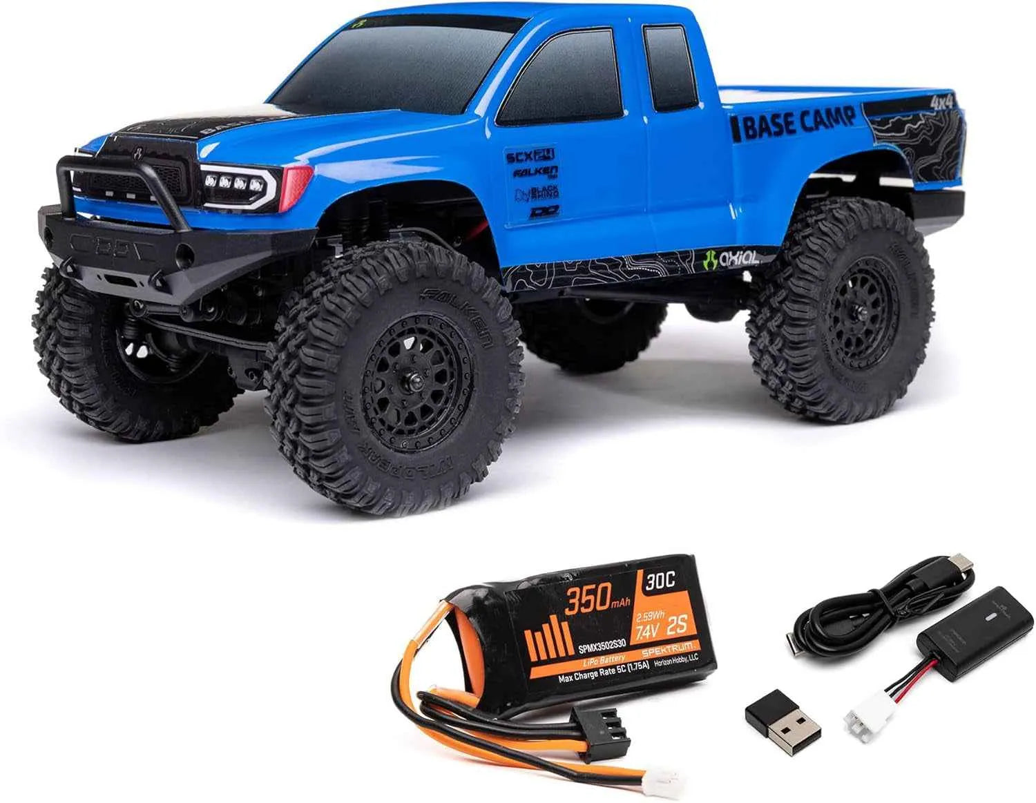 Blue remote control crawler with accessories on a white background