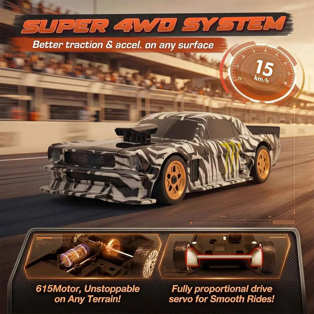 Camouflage rc drift car on a racetrack with text about its features.