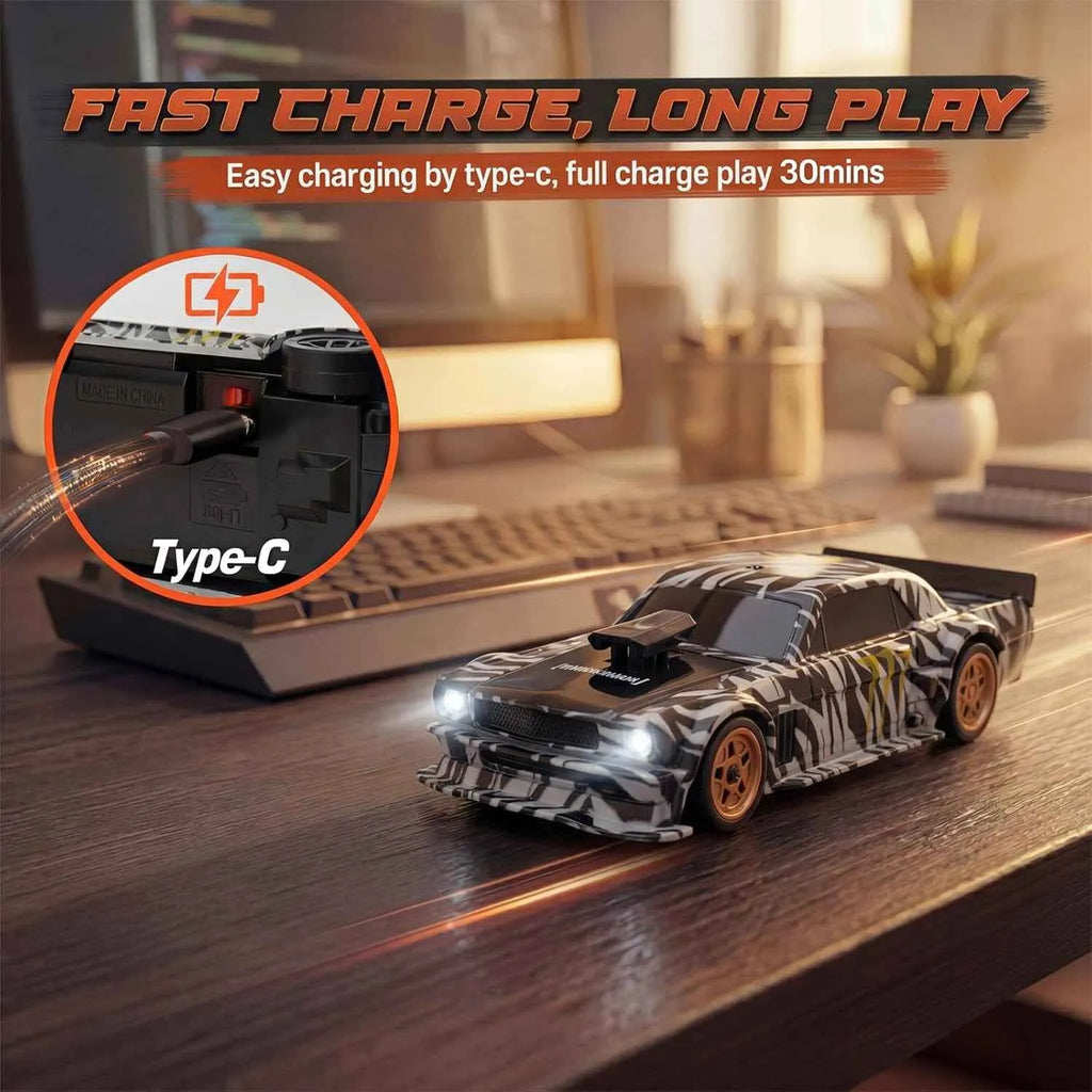 Camouflage remote control car on a desk with charging cable and text about fast charging and long play time.