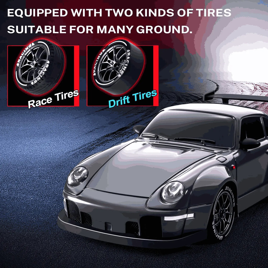 Car with race and drift tires on a road, emphasizing versatility.