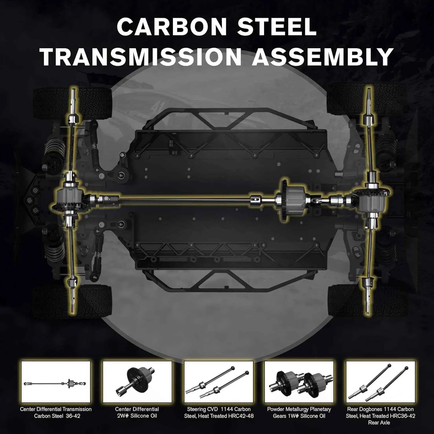 Carbon steel transmission assembly with labeled parts on a dark background