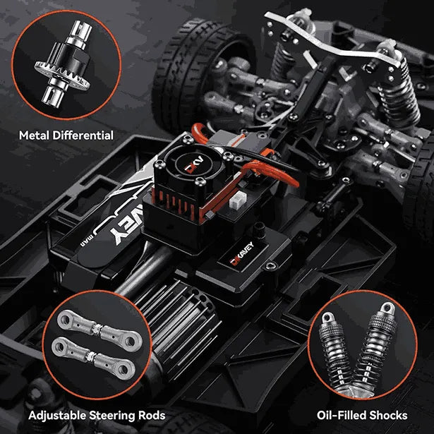 Close-up of a model car chassis with metal differential, adjustable steering rods, and oil-filled shocks on a dark background.