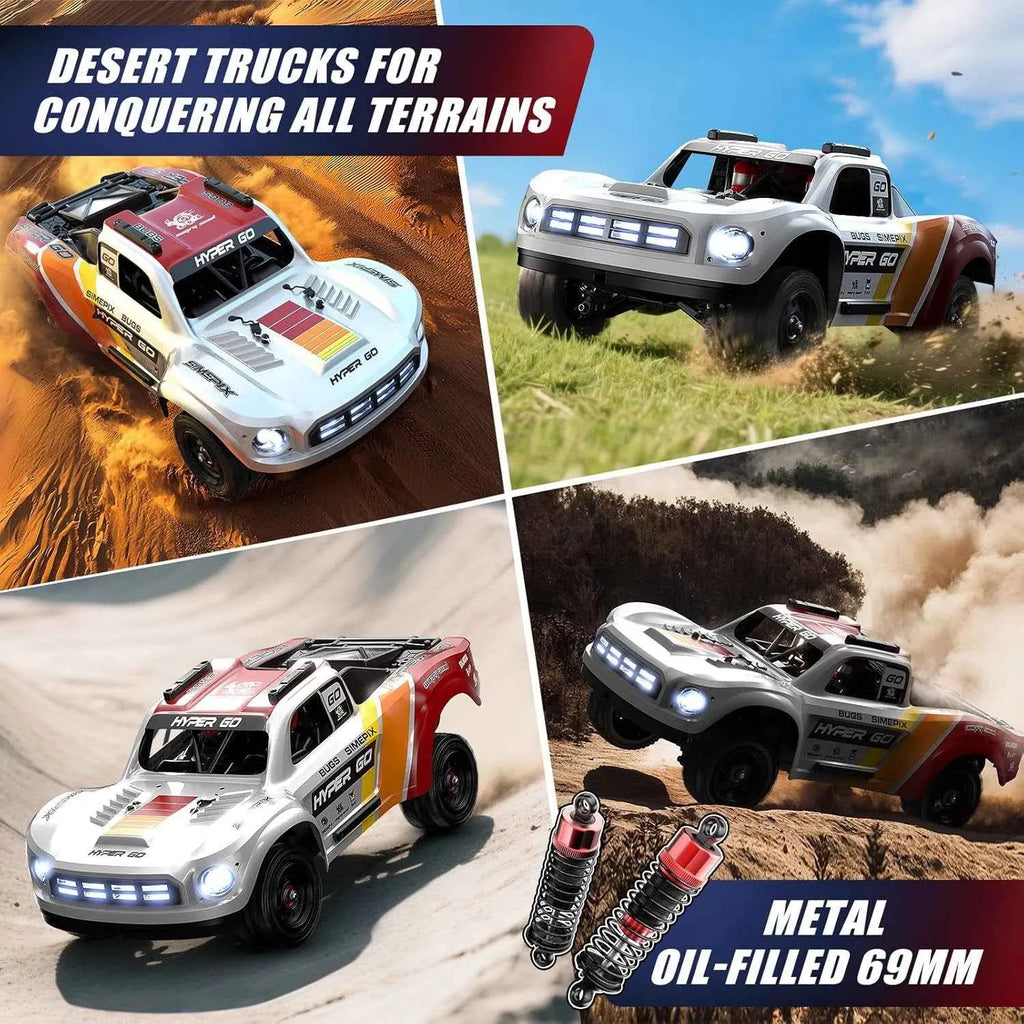 Collage of desert trucks for conquering all terrains with text and product details.