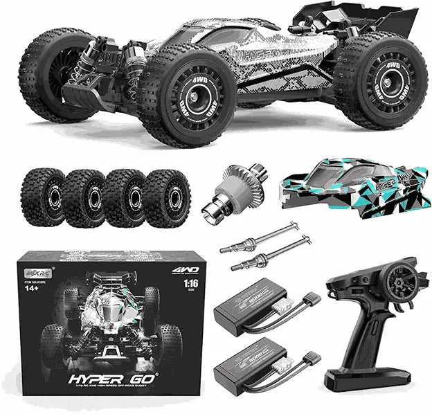Collection of RC buggy parts and accessories including a Hyper Go model on a white background.