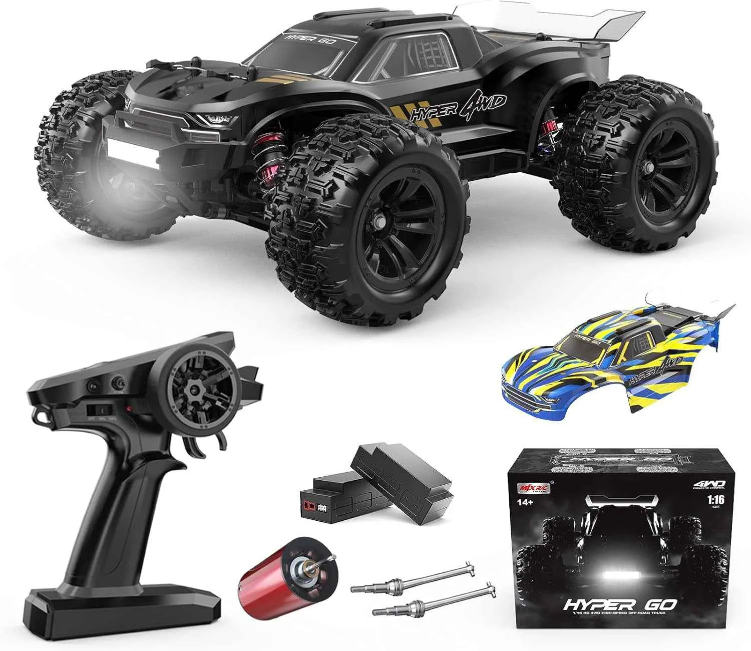 Collection of rc monster truck parts and Hyper 4WD toy car on a white background