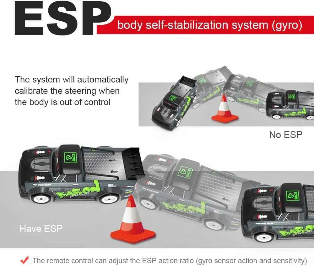 Comparison of a remote control car with ESP (body self-stabilization system) and without ESP, showing the effect on steering when out of control.