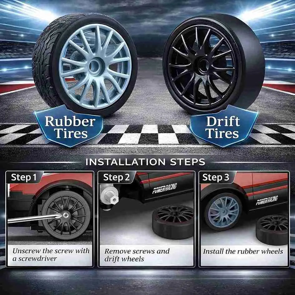 Comparison of rubber tires and drift tires with installation steps on a checkered background.