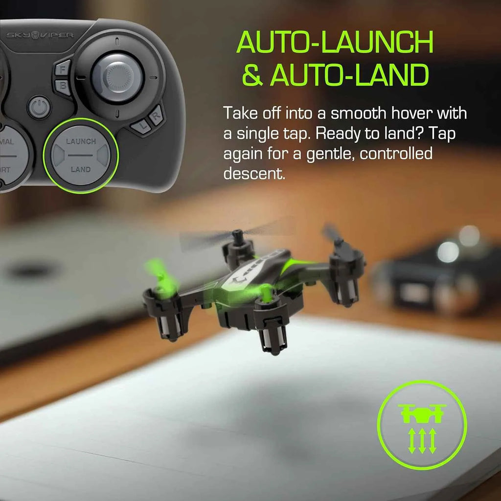 Drone with controller on a blurred background, highlighting auto-launch and auto-land features.