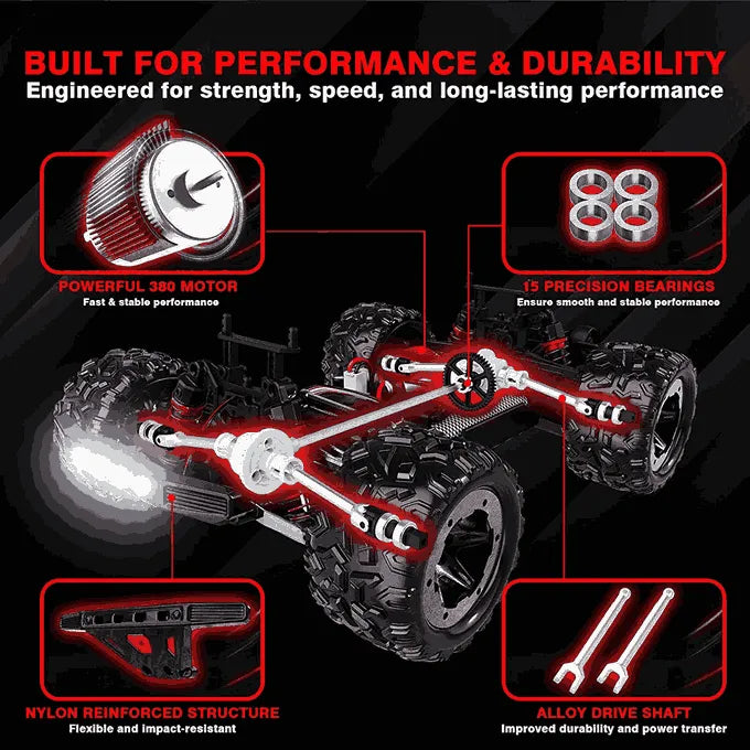 Detailed view of a remote control car with highlighted components on a black background.