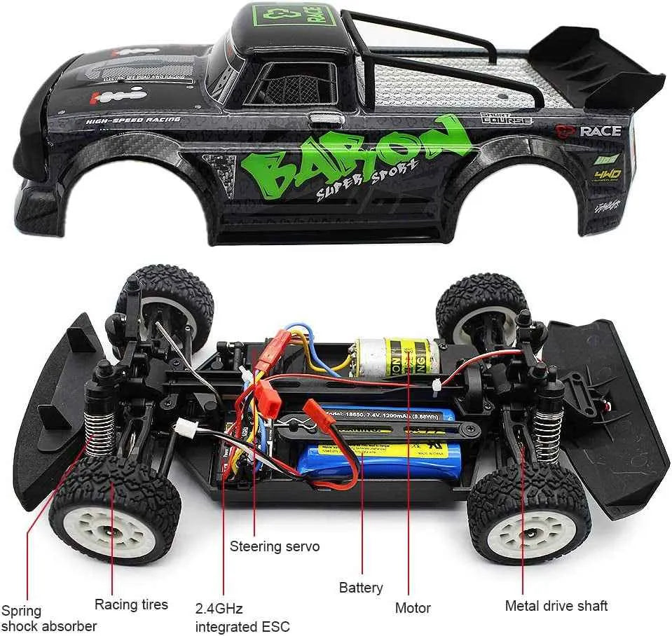 Detailed view of a rc drift car with labeled components on a white background