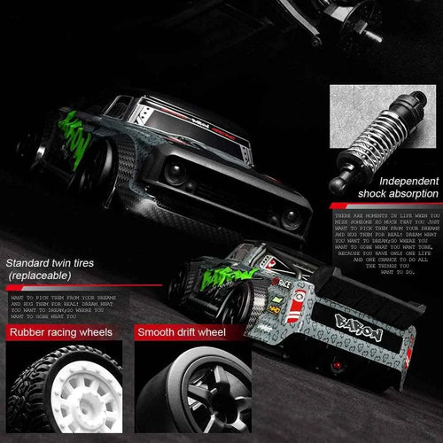 Detailed view of a remote control drift car with various components highlighted on a dark background.