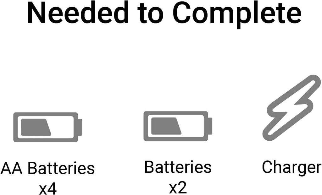 Diagram showing AA batteries, batteries, and a charger needed to complete an unspecified task.