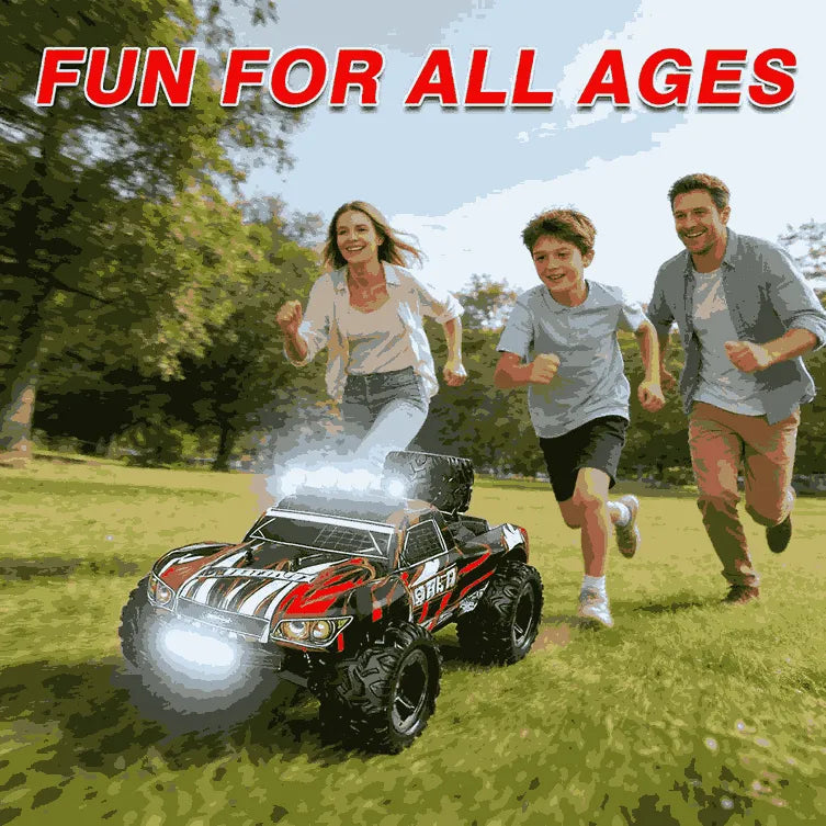 Family running in a park with a remote-controlled car in front of them, text 'Fun for All Ages' above.