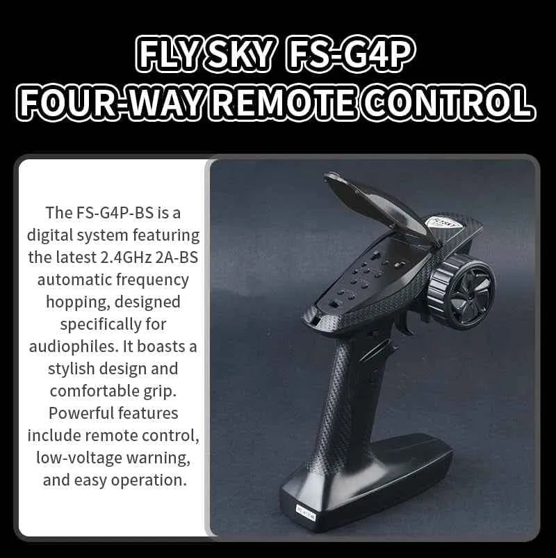 Fly Sky FS-G4P four-way remote control with text description on a dark background