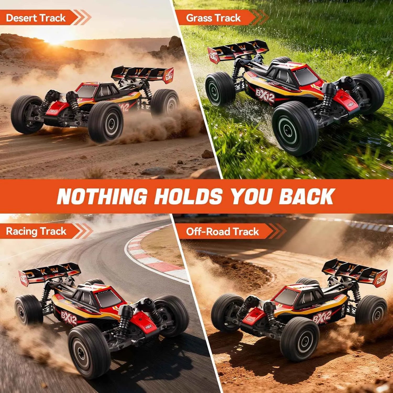 Four different scenes of a remote control car racing on various tracks with text indicating different track types.