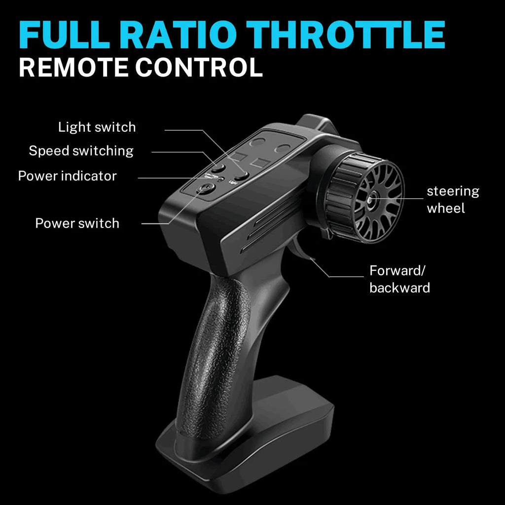 Full ratio throttle remote control with labeled components on a black background