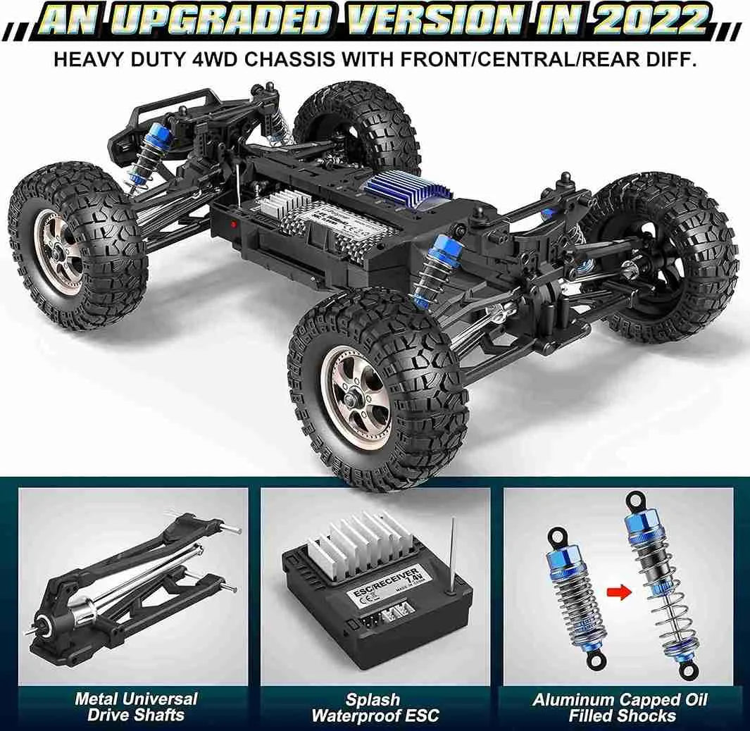 Heavy-duty 4WD chassis with front, central, and rear differential, featuring upgraded components.
