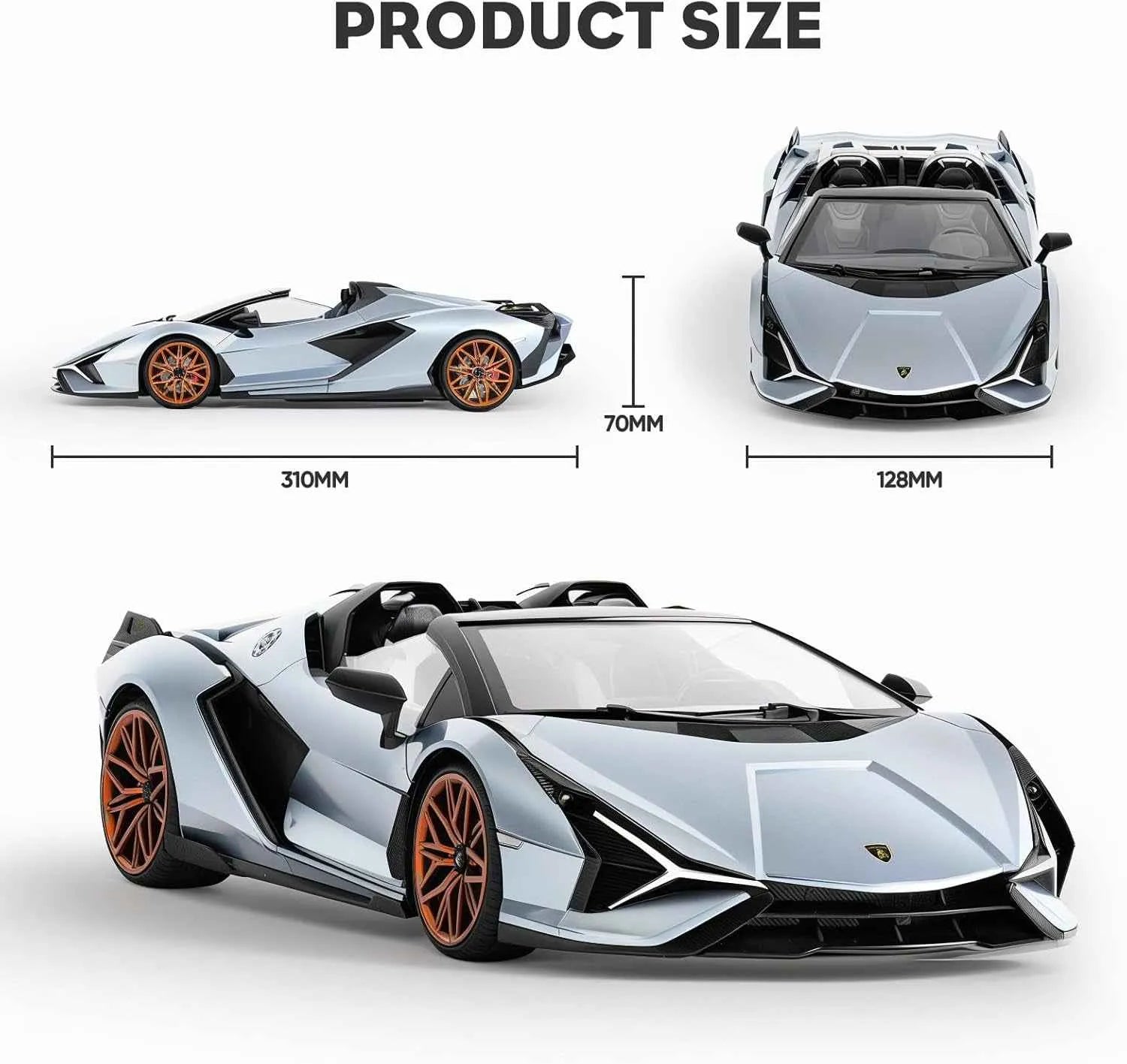 Lamborghini Sián FKP 37 model with dimensions on a white background