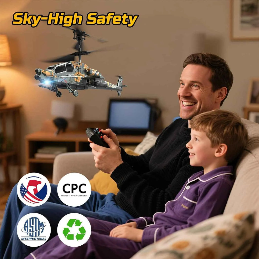 Man and child playing with a remote-controlled helicopter in a living room, with 'Sky-High Safety' branding.